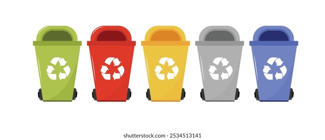 Sorting garbage by material and type in colored trash cans. Separating and recycling garbage vector infographic. Isolated illustration EPS 10 