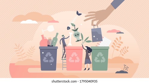 Sorting garbage containers to separate waste and trash tiny persons concept. Environmental ecological solution to save nature with glass, paper, organic and plastic segregation vector illustration.