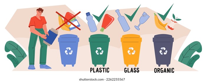 Sorting garbage, ecology and recycle concept with man near trash cans, vector flat illustration isolated on white background.