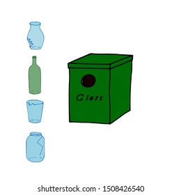 sorting of garbage. environmental protection. children's ecological game. developing activity. environmental illustration. reasonable consumption. caring for the planet. container for glass waste.