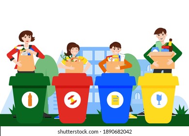 Ordenando basura. Familia con basura clasificada cerca de cubos de basura en fondo blanco. Concepto de ecología y reciclaje.