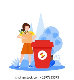 Sorting garbage. Girl with sorted organic garbage near garbage cans on white background. Ecology and recycle concept.