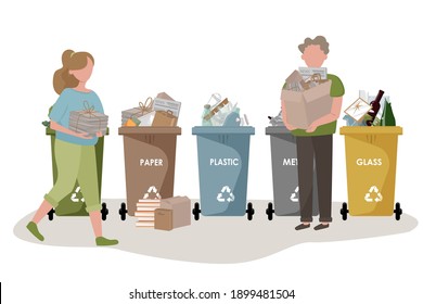 Рeople sorting the garbage. Happy men and women characters who care about the environment and put rubbish in trash bins, dumpsters or containers for recycling and reuse. Zero waste concept
