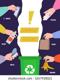 Sorting garbage into containers for plastic, glass, metal, organics, paper and e-waste. People sort the trash. Social issues concept. Save the planet. Reasonable consumption. Vector illustration.