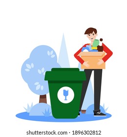 Sorting garbage. Man with sorted glass garbage near garbage cans on white background. Ecology and recycle concept.