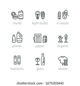 Sorting garbage outline icon set. Recycling, sorting waste. Thin line vector pictogram with editable stroke.