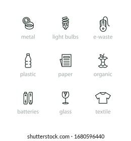 Sorting garbage outline icon set. Recycling, sorting waste. Thin line vector pictogram with editable stroke.