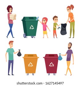 Sorting garbage. People recycling and cleanup garbage natural protect nature metal papers glass separation vector cartoon people