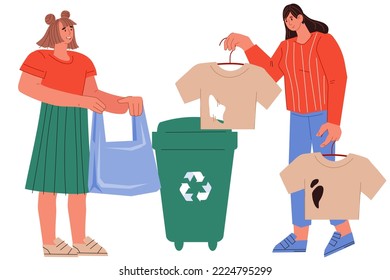 Sorting garbage for reuse. Waste recycling of plastic, glass, metal and used clothes, flat vector illustration isolated on white background.