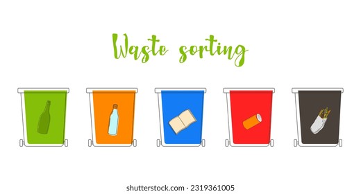 Sorting garbage. Separation by material and type in colored trash cans. Colored containers. Ecological recycling. Doodle style. Vector illustration.