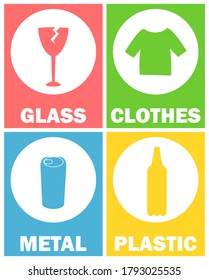 Clasificación de señales de basura vectores, vidrio y ropa, metal y plástico. Botellas y camisetas, tic puede infografía con círculos. Iconos para ordenar la basura