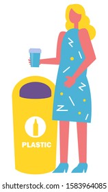 Sorting garbage vector, female character with plastic cup throwing waste into appropriate bin. Lady with bottle drink beverage in hands, flat style