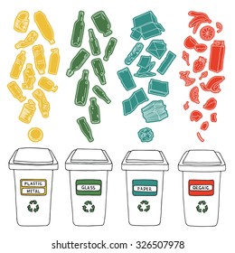 Sorting of garbage. Vector garbage sorting. Isolated types of garbage. Garbage sorting set. Separation of waste. 