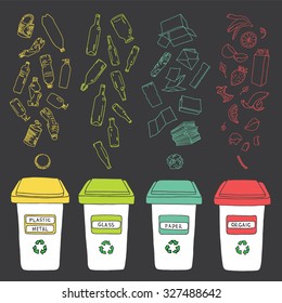 Sorting of garbage. Vector garbage sorting. Isolated types of garbage. Garbage sorting set. Separation of waste.