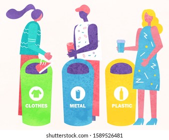 Sorting garbage vector, people throwing rubbish into bins. Containers for metal, plastic and clothes waste. Man and woman conscientious characters