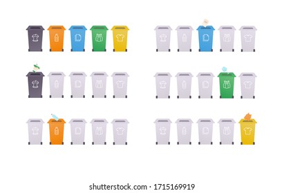 Sorting garbage waste concept. Vector flat modern illustration set. Collection of color trash bin with rubbish symbol. Design element for banner, poster, infographic, web, ui, app.