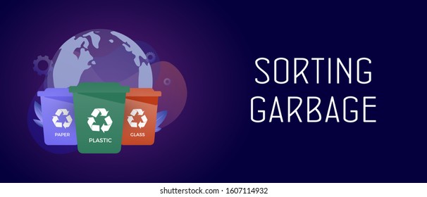 Sorting garbage and waste - ecology and recycle flat vector concept with trash containers, bins for plastic, paper, and glass waste. Header and footer banner template with text.