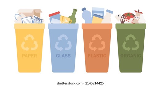 Ordenando desechos de basura. Reciclando basura. Papel, vidrio, plástico, basura orgánica en recipientes. Protección ambiental, ecología, salvar la naturaleza. Ilustración plana del vector