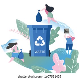 Sorting Garbage Waste. Recycling trash - little small people throw garbage in containers. Plastic, paper, organic, ewaste. Environmental protection, ecology, earth day. Motivational vector illustraion