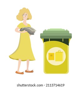 Sorting garbage.A girl with paper, a garbage collection container.Vector illustration.