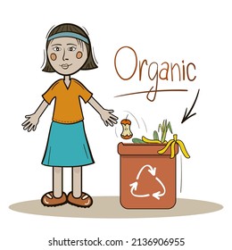Ordenando los desechos domésticos de los niños. Contenedor para el procesamiento de residuos orgánicos. Ilustración vectorial de la caricatura basura cero.