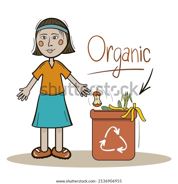 Sorting\
household waste of children. Container for processing organic\
waste. Vector illustration of cartoon zero\
waste.