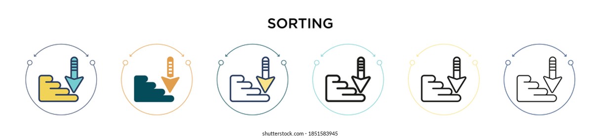 Sorting icon in filled, thin line, outline and stroke style. Vector illustration of two colored and black sorting vector icons designs can be used for mobile, ui, web