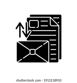 Sorting letters black glyph icon. Mail management service. Housekeeping chore silhouette symbol on white space. Sending or receiving mail. Envelope with letters. Vector isolated illustration