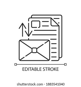 Sorting letters linear icon. Mail management service. Housekeeping chore thin line customizable illustration. Contour symbol. Envelope with letters. Vector isolated outline drawing. Editable stroke