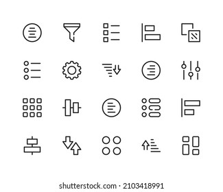 Sorting line icons. Sort, filtering, settings UI. Outline symbols set. Thin line design graphic elements collection. Modern style concepts. Vector line icons set