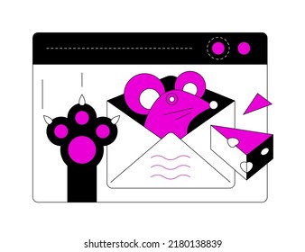 Mensajes de ordenación: ilustración de diseño plano colorida con elementos lineales. Composición de color púrpura con correo electrónico, pata de gatos y ratón llegando al queso. La correspondencia está abierta en el navegador