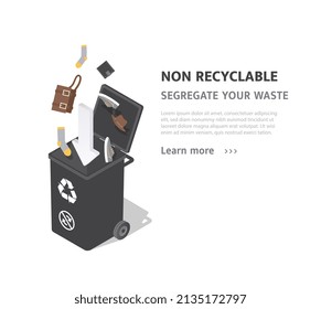 Sorting NON recyclable waste. Clothes and bags fall into open trash can. Protecting planet from pollution and protecting environment, eco friendly organization. Cartoon isometric vector illustration