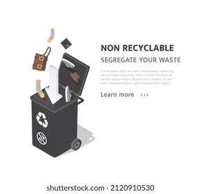 Ordenar residuos no reciclables. Camión especial de basura, página de aterrizaje y diseño elegante de sitios web. Activistas ecológicos y preocupación por el medio ambiente. Planeta y responsabilidad. Dibujo vectorial plano de dibujos animados