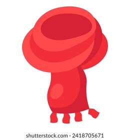 Sorting old unwanted clothes. Old red knitted scarf. Items out of use and fabric to disposal. Recycling of textile industrial products. Simple cartoon flat vector icon isolated on white background