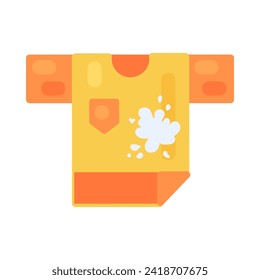 Sorting old unwanted clothes. Old t shirt with stains of blots. Items out of use and fabric to disposal. Recycling of textile industrial products. Simple cartoon flat vector icon isolated on white