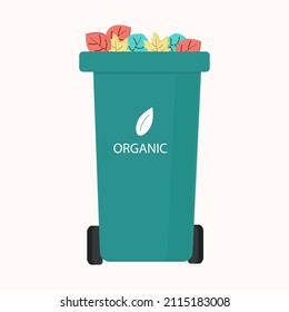 Sorting of organic garbage in the green zhban. Vector image for website design