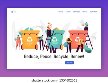 Sorting Organic Trash for Recycle Landing Page. Rubbish Bin for Plastic and Paper Separation to Reduce Environment Pollution. Reuse Garbage Website or Web Page. Flat Cartoon Vector Illustration