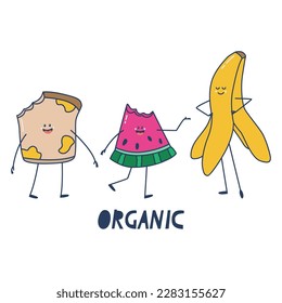 Sorting of organic waste. Leftover food - bitten bread and piece of watermelon, as well banana skin. Funny objects with arms, legs and faces. Cute vector isolated on white background illustration