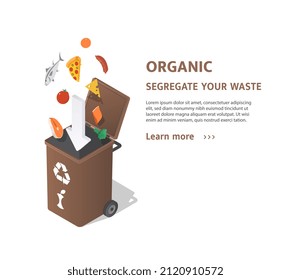 Sorting organic waste. Special box for food. Product processing. Modern technologies for care of planet and environment, responsibility for future and society. Cartoon flat vector illustration