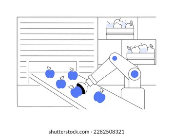 Sorting and packing robots abstract concept vector illustration. Robot packing apples, agriculture industry, smart farming, innovation in agribusiness, modern technology abstract metaphor.