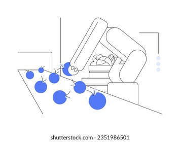 La ordenación y el embalaje de robots abstraen el concepto de ilustración vectorial. Embalaje robusto de frutas y verduras, máquina selladora autónoma en fábrica, metáfora abstracta de la moderna tecnología agrícola.