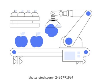 Sorting and packing robots isolated cartoon vector illustrations. Robotizing packing of fruit and vegetables, autonomous sorting machine on factory, modern agriculture technology vector cartoon.