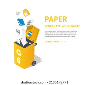 Sorting paper waste. Document and folder fall into trash container, recycling and protecting nature from pollution. Responsible society and eco friendly company. Cartoon isometric vector illustration