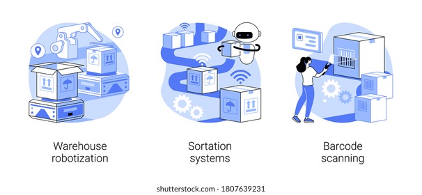 Sorting parcels abstract concept vector illustration set. Warehouse robotization, sortation systems, barcode scanning, forklift, goods storage, conveyor, order processing, QR reader abstract metaphor.