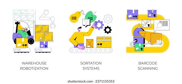 Sorting parcels abstract concept vector illustration set. Warehouse robotization, sortation systems, barcode scanning, forklift, goods storage, conveyor, order processing, QR reader abstract metaphor.