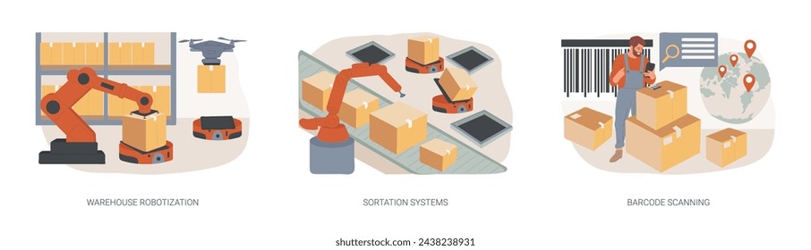 Conjunto de ilustración vectorial de concepto aislado de parcelas de clasificación. Robotización de almacenes, sistemas de clasificación, escaneo de códigos de barras, carretilla elevadora, almacenamiento de mercancías, transportador, procesamiento de pedidos, lector QR concepto de vector.