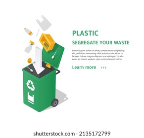 Sorting plastic waste. Nature and environmental protection and pollution reduction, ecology. Sorting and recycling of soda bottles, cleaning products and baskets. Cartoon isometric vector illustration