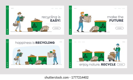 Sorting, Recycle and Segregation of Paper Trash Landing Page Template Set. Characters Throw Garbage to Litter Bins. Paper Waste Move on Conveyor at Recycling Plant. Linear People Vector Illustration