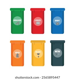 Sorting and recycling garbage by material and type in colored trash cans. Bins with recycling symbols Vector illustration. 