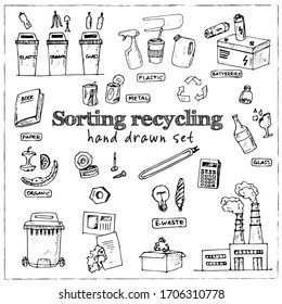 Sorting recycling isolated hand drawn doodles Vector set